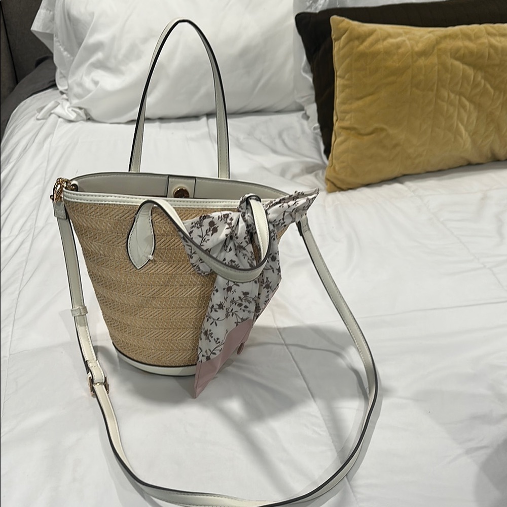 Anne Klein Cream and Tan Tote Bag with Floral Scarf